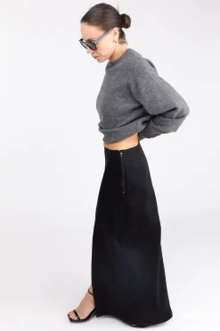 BLACK DENIM COLUMN MAXI SKIRT