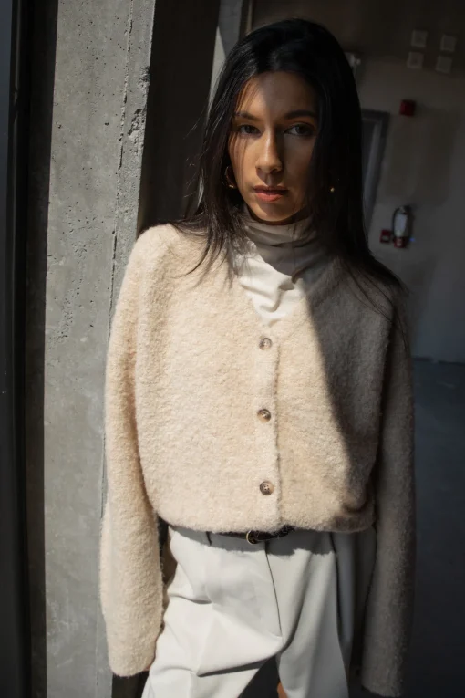 BOUCLE KNIT BUTTON FRONT CARDIGAN