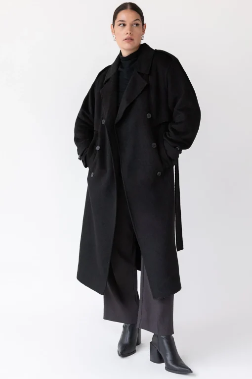 BRUSHED WOOL-BLEND BELTED COAT