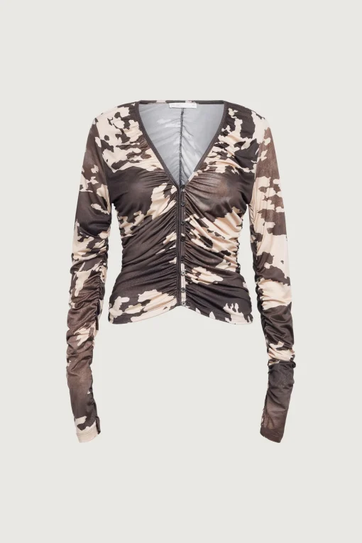 BUTTON FRONT V-NECK LONG SLEEVE TOP