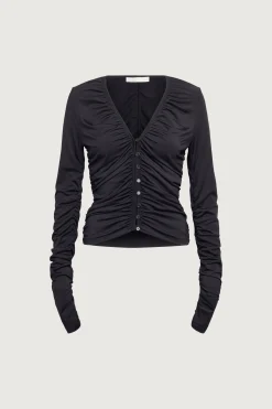 BUTTON FRONT V-NECK LONG SLEEVE TOP