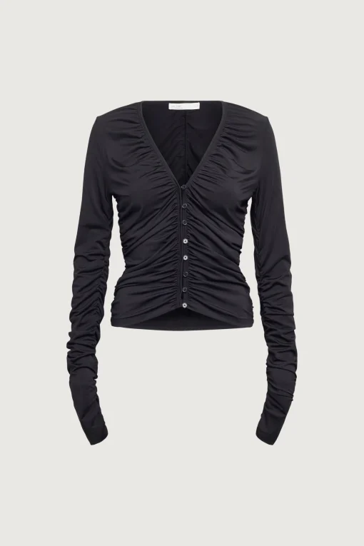 BUTTON FRONT V-NECK LONG SLEEVE TOP