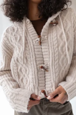 CABLE KNIT HOODED CARDIGAN WITH TOGGLE CLOSURE