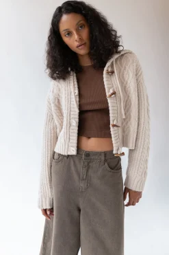 CABLE KNIT HOODED CARDIGAN WITH TOGGLE CLOSURE