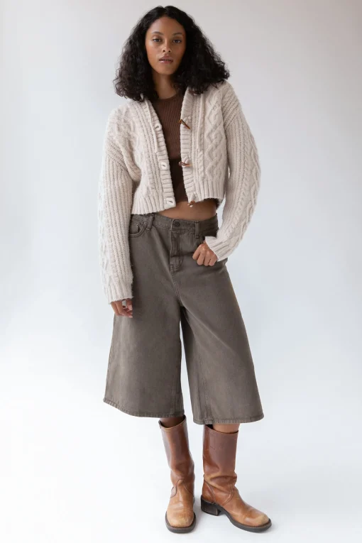 CABLE KNIT HOODED CARDIGAN WITH TOGGLE CLOSURE