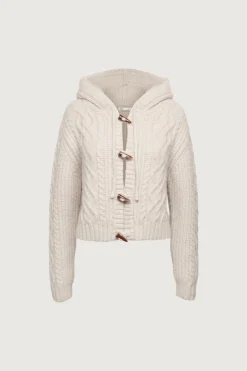 CABLE KNIT HOODED CARDIGAN WITH TOGGLE CLOSURE