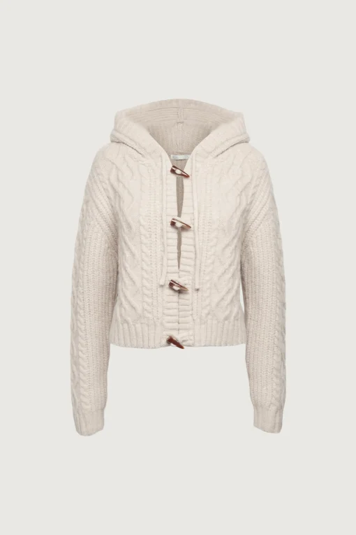 CABLE KNIT HOODED CARDIGAN WITH TOGGLE CLOSURE