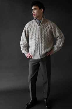 CABLE KNIT ZIP-UP CARDIGAN