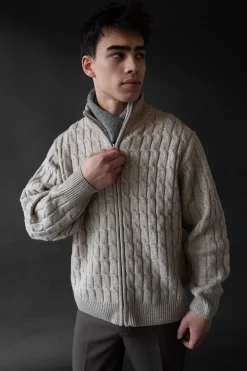 CABLE KNIT ZIP-UP CARDIGAN