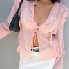 CHIFFON RUFFLED BLOUSE WITH TIES