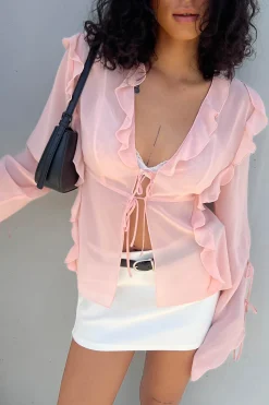 CHIFFON RUFFLED BLOUSE WITH TIES