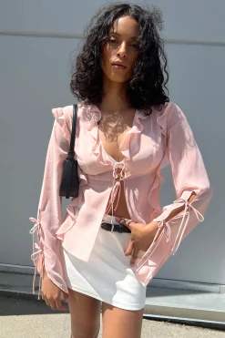 CHIFFON RUFFLED BLOUSE WITH TIES