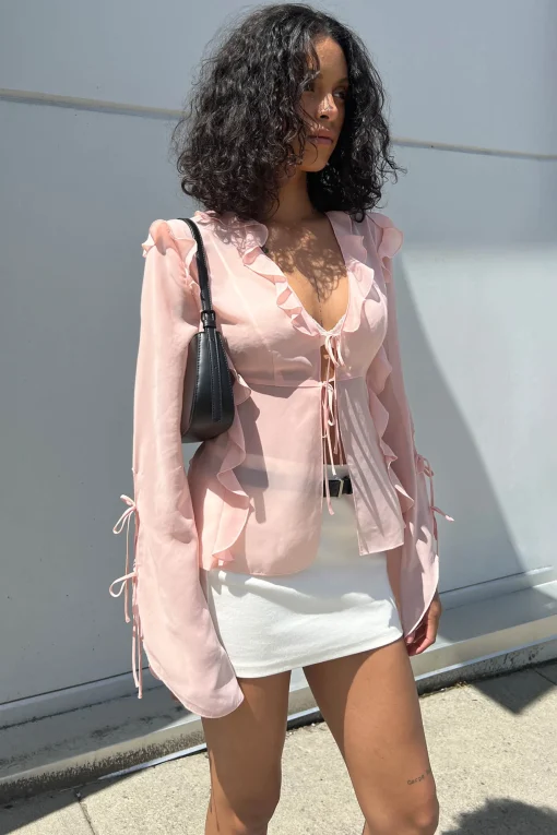 CHIFFON RUFFLED BLOUSE WITH TIES