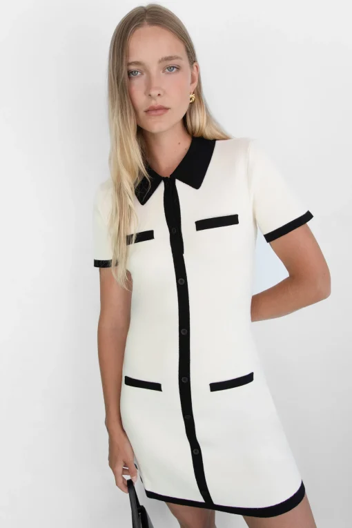 COLLARED CONTRAST TRIM KNIT MINI DRESS