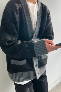 CONTRAST RIB BUTTON UP CARDIGAN