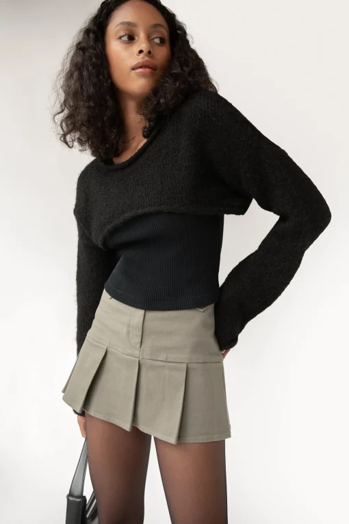 COTTON TWILL PLEATED MINI SKIRT