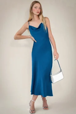 COWL NECK SATIN MIDI DRESS