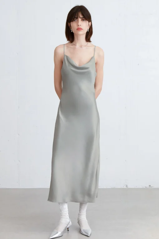 COWL NECK SATIN MIDI DRESS
