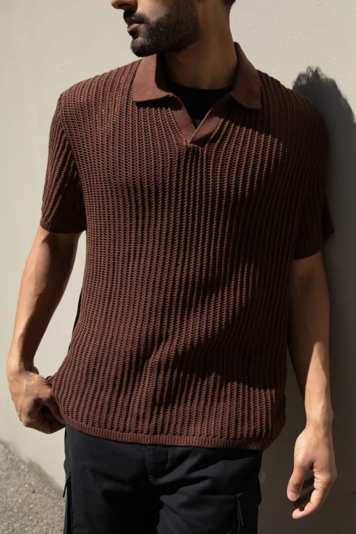 CROCHET COLLARED SHORT SLEEVE SWEATER