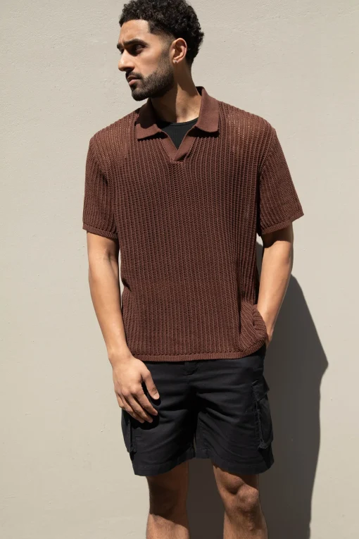 CROCHET COLLARED SHORT SLEEVE SWEATER