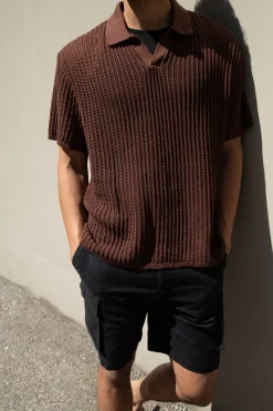 CROCHET COLLARED SHORT SLEEVE SWEATER