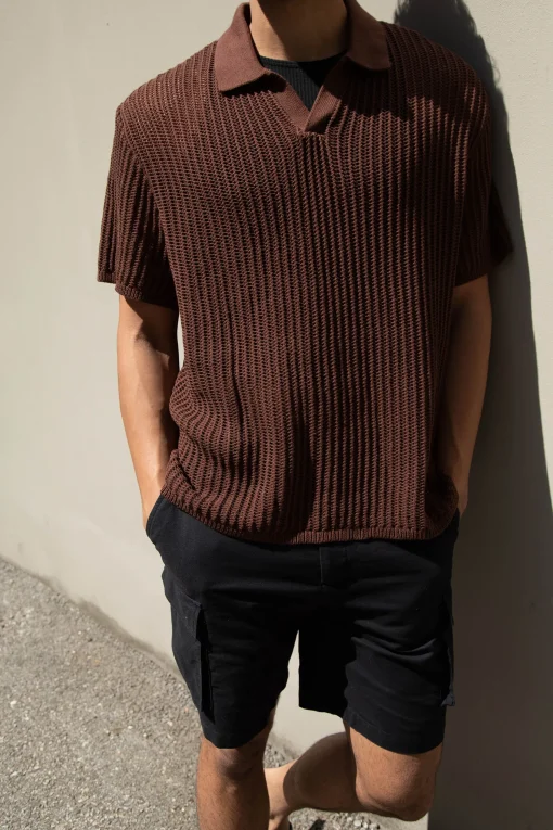 CROCHET COLLARED SHORT SLEEVE SWEATER