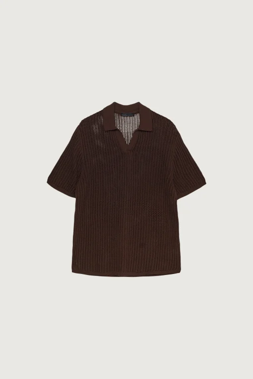 CROCHET COLLARED SHORT SLEEVE SWEATER