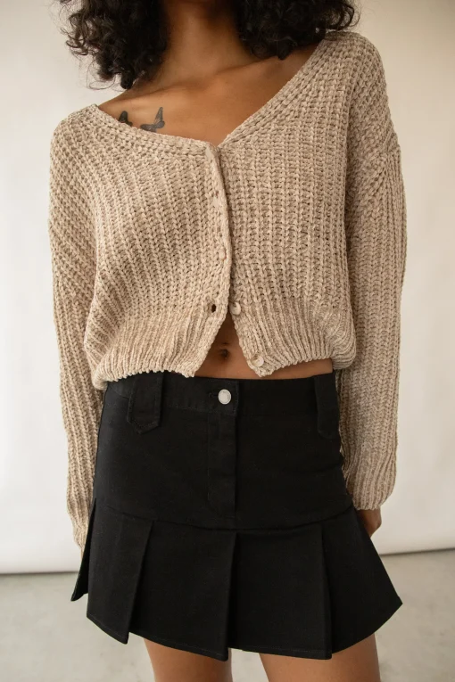 CROPPED CHENILLE KNIT CARDIGAN