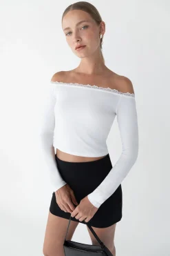 CROPPED OFF THE SHOULDER TOP WITH LACE TRIM