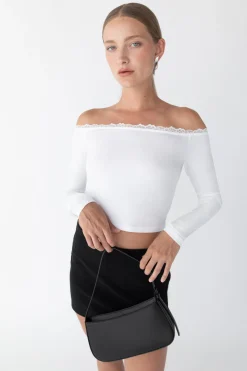 CROPPED OFF THE SHOULDER TOP WITH LACE TRIM