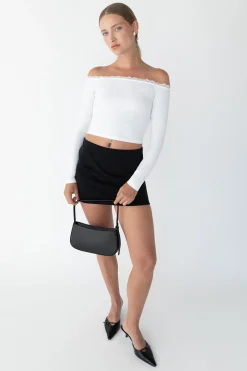 CROPPED OFF THE SHOULDER TOP WITH LACE TRIM