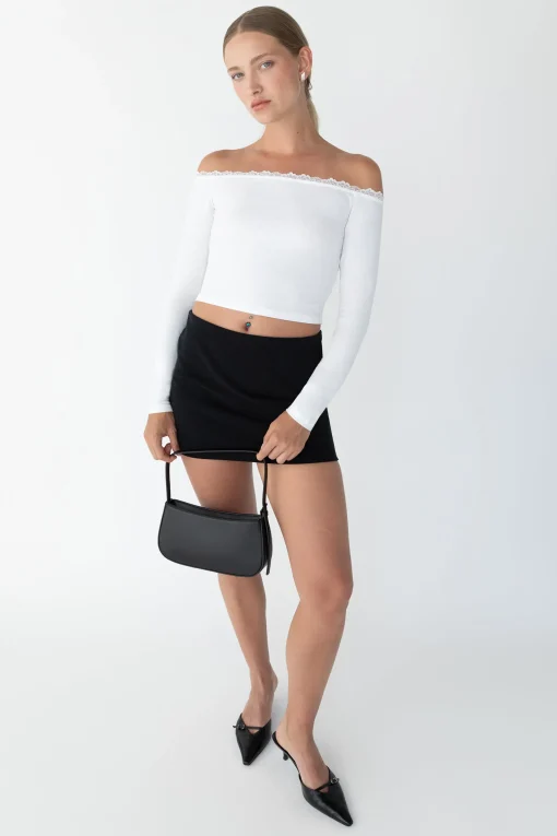CROPPED OFF THE SHOULDER TOP WITH LACE TRIM