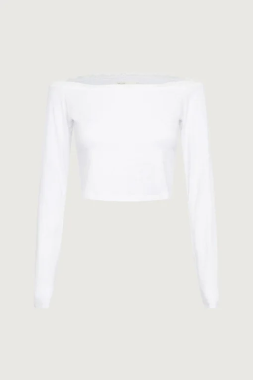 CROPPED OFF THE SHOULDER TOP WITH LACE TRIM