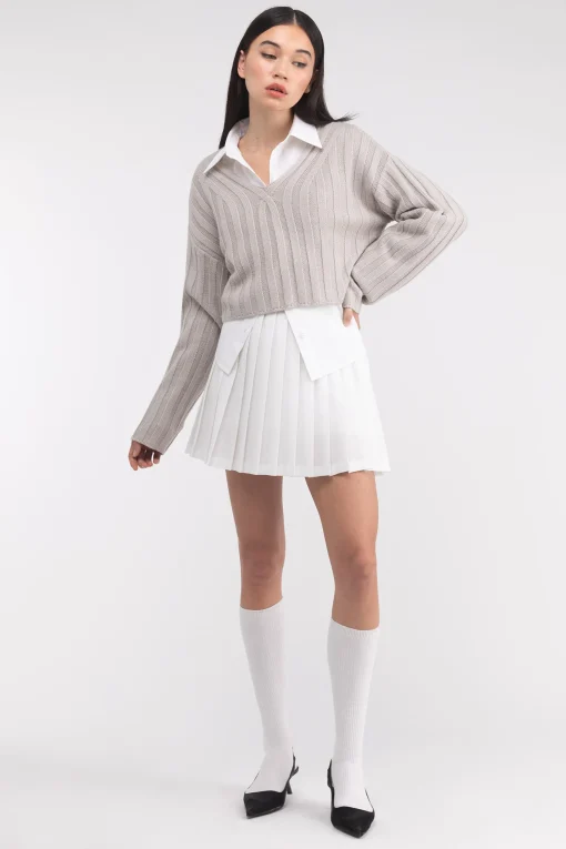 CROPPED RIB-KNIT V-NECK SWEATER