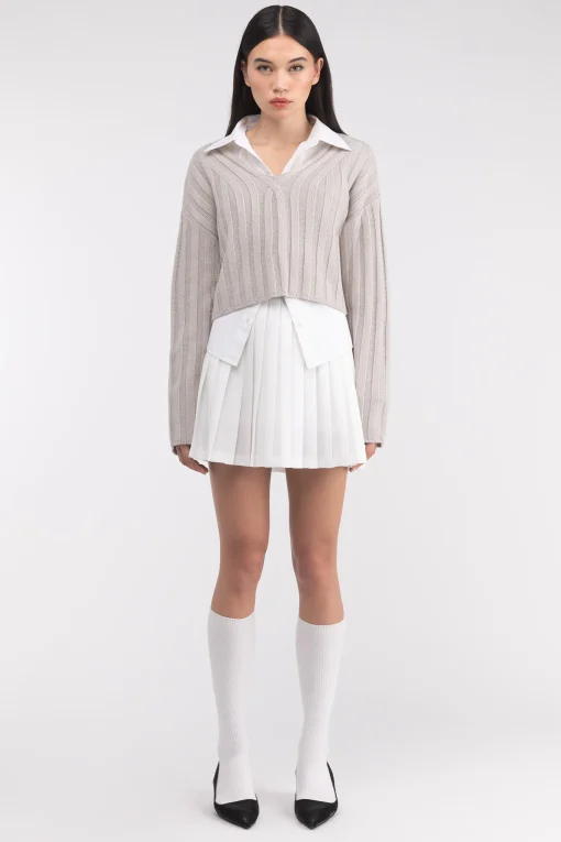 CROPPED RIB-KNIT V-NECK SWEATER