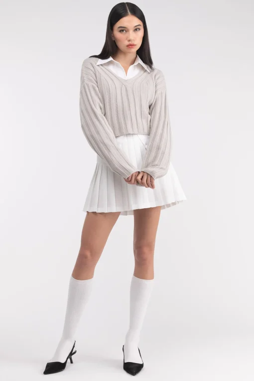 CROPPED RIB-KNIT V-NECK SWEATER
