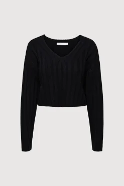 CROPPED RIB-KNIT V-NECK SWEATER