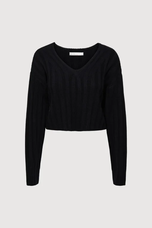 CROPPED RIB-KNIT V-NECK SWEATER