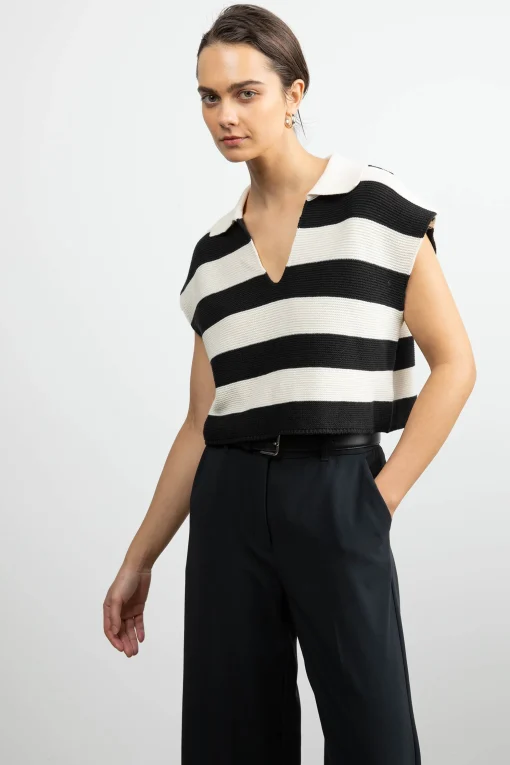 CROPPED STRIPED COLLARED SWEATER