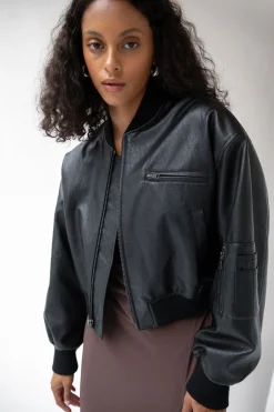 CROPPED VEGAN LEATHER BOMBER JACKET