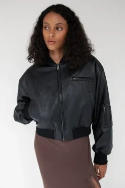 CROPPED VEGAN LEATHER BOMBER JACKET