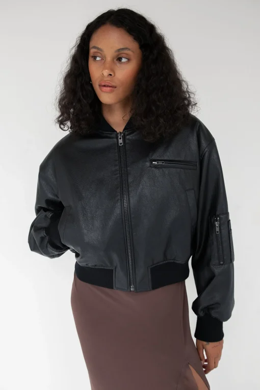 CROPPED VEGAN LEATHER BOMBER JACKET