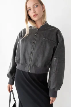 CROPPED VEGAN LEATHER BOMBER JACKET