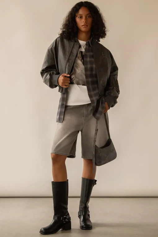 CROPPED VEGAN LEATHER BOMBER JACKET