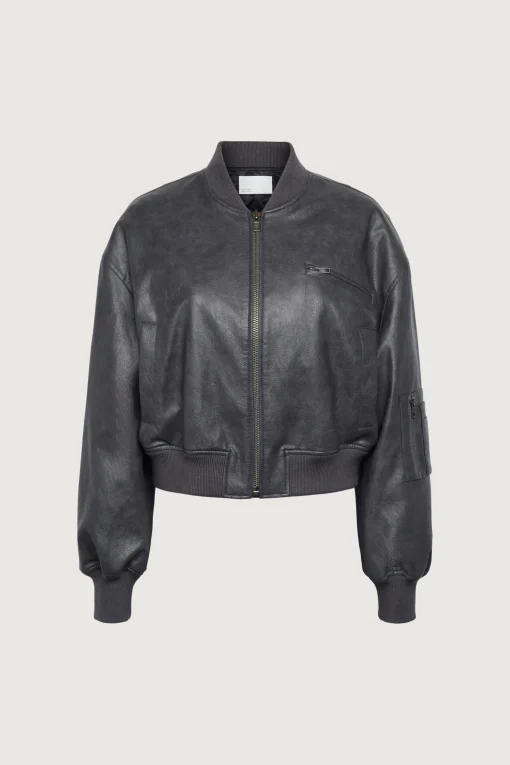 CROPPED VEGAN LEATHER BOMBER JACKET