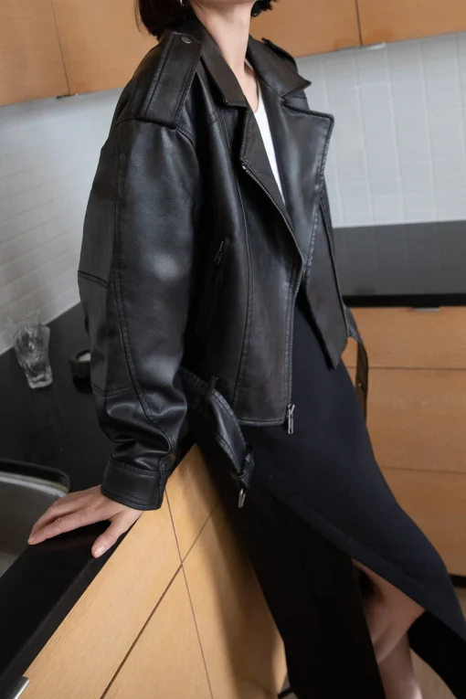 CROPPED VEGAN LEATHER MOTO JACKET