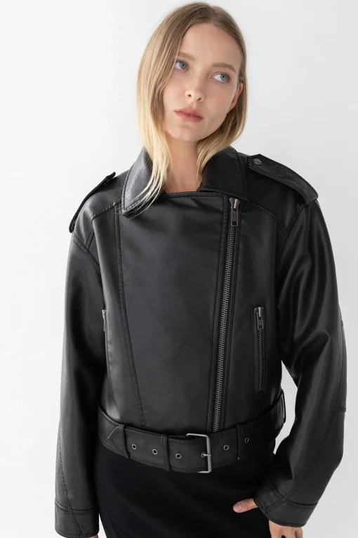 CROPPED VEGAN LEATHER MOTO JACKET