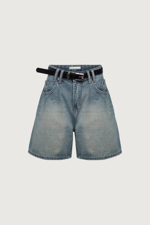 DENIM SHORTS WITH LEATHER BELT