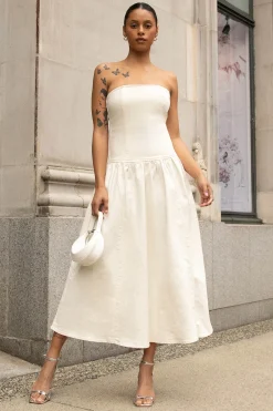 DROP-WAIST STRAPLESS TWILL DRESS