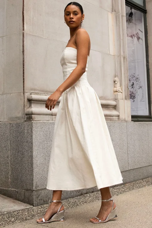DROP-WAIST STRAPLESS TWILL DRESS